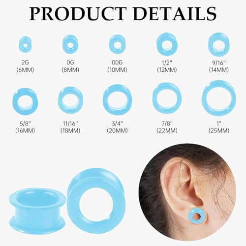 20Pcs Silicone Ear Gauges 2G-25mm Flexible Ear Tunnels Gauges Soft Expander Stretching Ear Plugs Tunnels Black Earring Piercings Jewelry for Men Women - color: Thick Blue Silicone