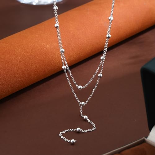Lariat Gold Necklaces for Women Trendy Dainty Long Necklace 14k Gold Plated/Silver Layered Drop Beaded Chain Necklaces Y-shaped Pendant Necklace Simple Gold Jewelry Gifts - color: Beaded-Silver