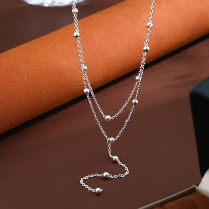 Lariat Gold Necklaces for Women Trendy Dainty Long Necklace 14k Gold Plated/Silver Layered Drop Beaded Chain Necklaces Y-shaped Pendant Necklace Simple Gold Jewelry Gifts - color: Beaded-Silver