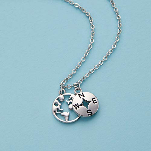 Zealmer Dainty 18K Gold Plated Compass World Map Pendant Necklace Graduation Gift for Friends - color: Worldmap Silver Tone