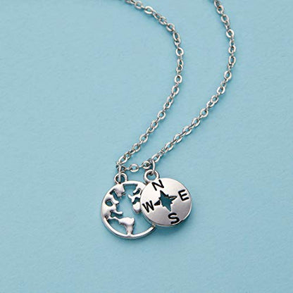 Zealmer Dainty 18K Gold Plated Compass World Map Pendant Necklace Graduation Gift for Friends - color: Worldmap Silver Tone