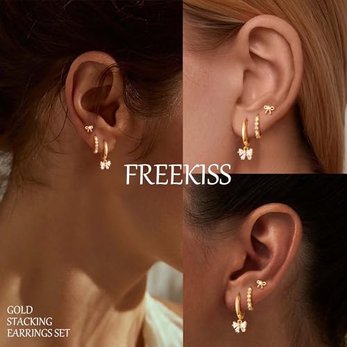 Freekiss 3 Pairs Hoop Earrings Set - Dainty Stud Dangle Cartilage for Women | Hypoallergenic Earrings, Cubic Zirconia Stackable Trendy Small Set Jewelry Gifts for Women - style: Bow Set-GD