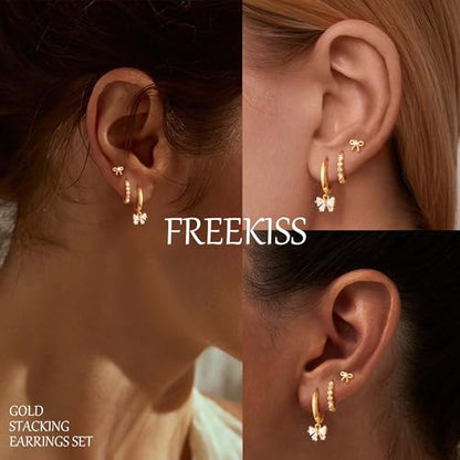Freekiss 3 Pairs Hoop Earrings Set - Dainty Stud Dangle Cartilage for Women | Hypoallergenic Earrings, Cubic Zirconia Stackable Trendy Small Set Jewelry Gifts for Women - style: Bow Set-GD
