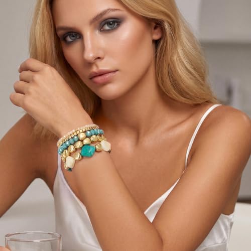 GOOJIDS Multilayer Colorful Gold Beaded Stackable Bracelets For Women Set Bohemia Heart Charm Strand Bracelets Friendship Elastic Wristbands Summer Beach Boho Vacation Jewelry - color: D-Blue Beads Set