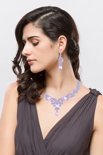 Paxuan Crystal Bridal Wedding Jewelry Sets for Women Rhinestone Teardrop Crystal Statement Choker Necklace Drop Earrings Link Bracelets Rings Teardrop Jewelry Set for Brides Bridesmaids - color: Necklace+Earrings+Bracelet+Ring（Purple）