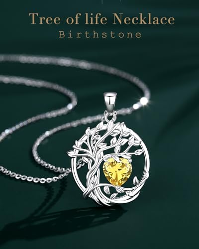 FANCIME Tree of life Birthstone necklace Sterling Silver Pendant Birthstone Necklace Gemstone Anniversary Birthday Jewelry Mothers Day Gifts for Mom Her Wife - color: Nov.-Citrine