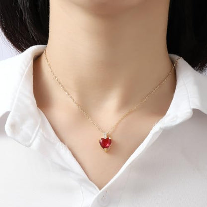 Heart Birthstone Necklace for Women, 14K Gold Plated Birthstone Pendant Necklace Cubic Zirconia Diamond Necklace Dainty Gold Necklace Birthday Gifts for Women Girls - color: 07. July(Ruby)