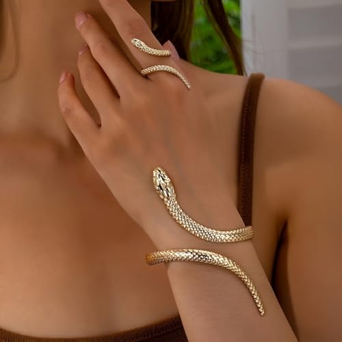 Gold/Silver Snakes Jewelry for Women Goth Snake Bracelet Ring Set Open Adjustable Snake Ring Halloween Prom Jewelry Costume Accessories Emo Accessories - color: Gold