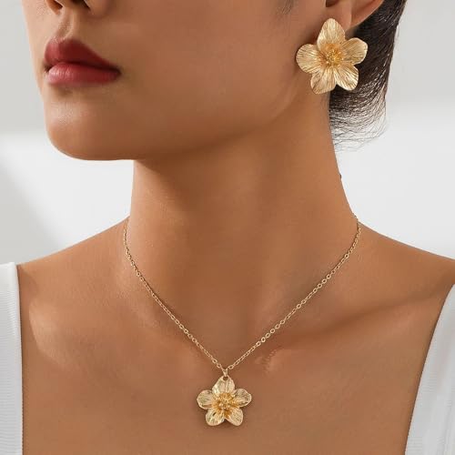 Gold Flower Jewelry Set For Women, 5 Pcs Chunky Golden Floral Pendant Necklace Bracelet Earrings Ring Set Statement Flower Jewelry Gifts For Beach Wedding - color: 2pcs-necklace+earrings