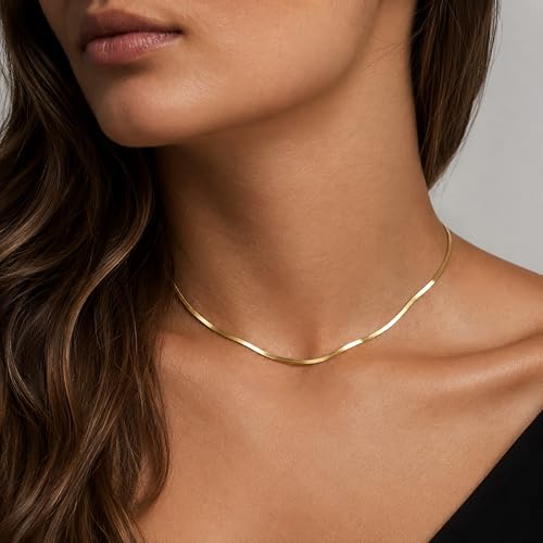 WomenGifts 14K Gold Silver Plated Herringbone Necklace for Women, Dainty Snake Chain Choker, Trendy Simple Long Layered Jewelry Non Tarnish, 3/4/5/8mm,14,16,18,20,22,24,26 Inch Thin & Chunky Options - color: Gold, style: 1.5mm-14inch