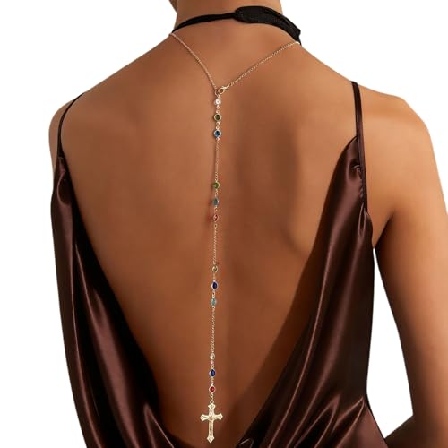 Gold Cross Back Necklace for Women, Dainty Colorful Crystal Y-Shaped Backdrop Chain, Open Back Dress Body Chain Jewelry for Wedding Prom Party