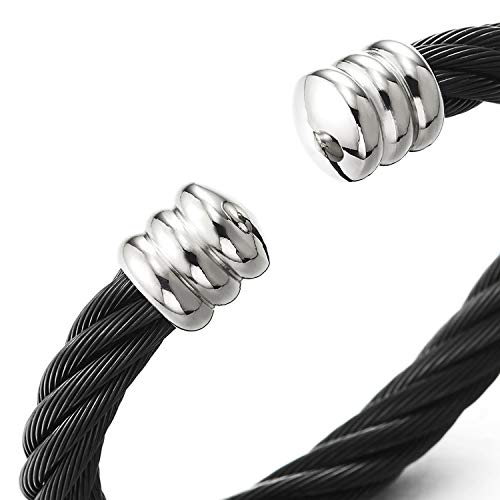 COOLSTEELANDBEYOND Large Elastic Adjustable Steel Twisted Wire Cuff Bangle Bracelet for Men Women - color: C-Metal Color: Black & Silver