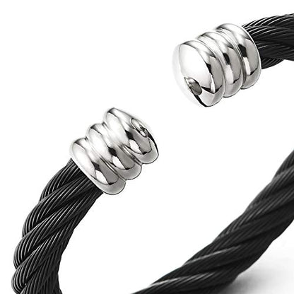 COOLSTEELANDBEYOND Large Elastic Adjustable Steel Twisted Wire Cuff Bangle Bracelet for Men Women - color: C-Metal Color: Black & Silver