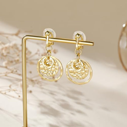 Awinesn Clip on Earrings for Women 14K Gold/Sterling Silver Plated Disc Earrings for Women Circle Drop Dangle Earrings Jewelry Hypoallergenic Hammered Non Pierced Earring Jewelry Gifts Wedding Party - style: Circle-G