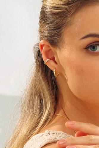 Round Huggie Ear Cuff Gold Earrings for Women | 18K Gold Plated Cubic Zirconia Sparkling | Clip On Cartilage| Simulated Diamond Bezel-Set CZ Huggie Hoop Earrings - color: Cuffs - Yellow Gold