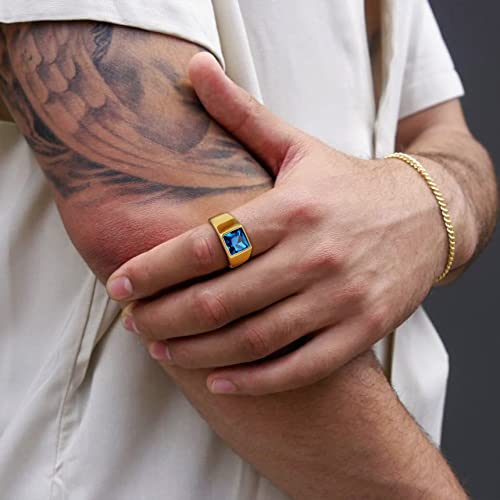 Bestyle Stainless Steel Men Signet Ring-Black/Blue Gemstone Band Ring-Classic Simple Thick Men Ring Size 7-14 - color: 01. 8MM Blue Zircon - Gold