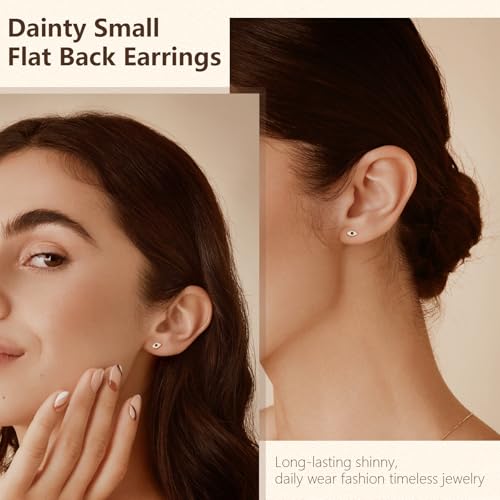 JIAYIQI Minimalist 925 Sterling Silver Stud Earrings Set, 14K Gold Plated Hypoallergenic Tiny Bar Dot Heart Star Studs for Women & Men - style: Gold-Evil Eye-Flatback-1 Pair