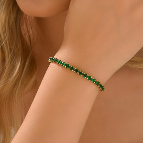18K Gold Plated Tennis Bracelets for Women, Adjustable Cubic Zirconia Bracelet with Multi-color 4mm CZ Diamond Paperclip Chain, Dainty Trendy Birthday Bridal Jewelry Gifts for Women Daily Party Wear - color: Green