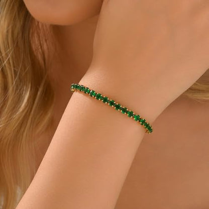 18K Gold Plated Tennis Bracelets for Women, Adjustable Cubic Zirconia Bracelet with Multi-color 4mm CZ Diamond Paperclip Chain, Dainty Trendy Birthday Bridal Jewelry Gifts for Women Daily Party Wear - color: Green