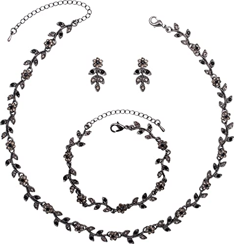 Austrian Crystal Rhinestone Choker Necklace Dangle Earring Link Bracelet Jewelry Set for Brides Bridesmaid Prom Costume Accessories for Women - color: En001-Jet-Black Diamond