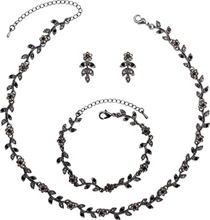 Austrian Crystal Rhinestone Choker Necklace Dangle Earring Link Bracelet Jewelry Set for Brides Bridesmaid Prom Costume Accessories for Women - color: En001-Jet-Black Diamond