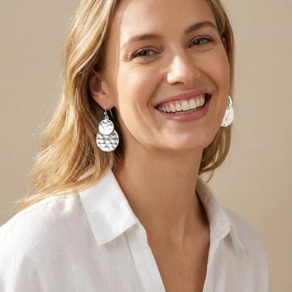 Antique Gold Hammered Disc Drop Earrings Boho Earrings with Two Tone Jewelry Gift - color: EH21299B