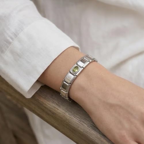GEMOSA Birthstone Italian Charm Bracelet - 18 Links 9mm x 10mm Stainless Steel Base Bracelet with Birthstone Charm & Link Opener Tool, Polished Silver Finish Jewelry Gift Box Set for Women - color: 08-Aug-Peridot