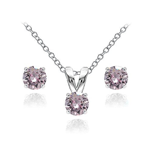 B. BRILLIANT Sterling Silver Small Dainty Crystal Solitaire Necklace & Stud Earrings Birthstone Jewelry Set for Women Bridesmaids - color: June - Pink