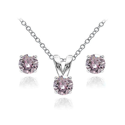 B. BRILLIANT Sterling Silver Small Dainty Crystal Solitaire Necklace & Stud Earrings Birthstone Jewelry Set for Women Bridesmaids - color: June - Pink