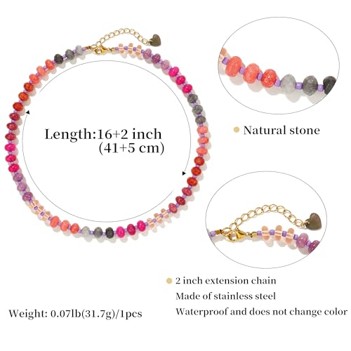 Joya Love Colorful Gemstone Beaded Necklaces For Women Trendy Rainbow Natural Stone Boho Handmade Stainless Steel Waterproof Strand Necklaces Jewelry For Women Gift - color: Dark Red