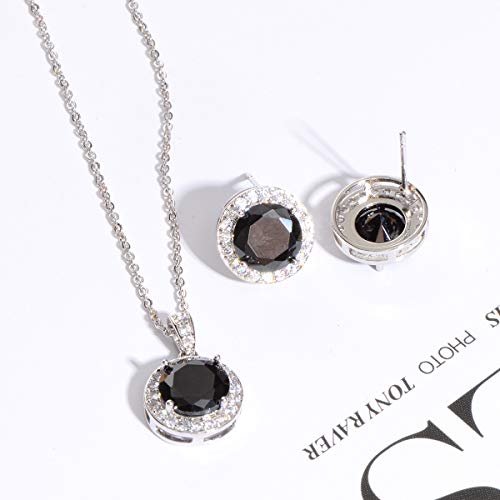 Bridal Crystal Jewelry Set - Sterling Silver Round Cubic Zirconia CZ Rhinestone Halo Birthstone Pendant Necklace Stud Earrings Set for Wedding Bride Bridesmaids Birthday Gift - color: Black