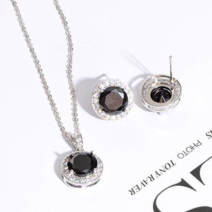 Bridal Crystal Jewelry Set - Sterling Silver Round Cubic Zirconia CZ Rhinestone Halo Birthstone Pendant Necklace Stud Earrings Set for Wedding Bride Bridesmaids Birthday Gift - color: Black