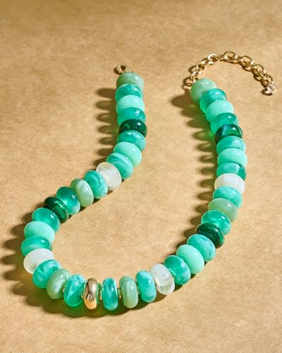 Chunky Beaded Necklace for Women Boho Statement Bead Necklace Adjustable Choker with Polished Disc/Square Beads Trendy Summer Beach Jewelry Gifts - color: Green Ombre