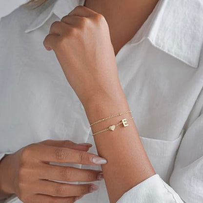 Gold Initial Bracelets for Women Trendy, Dainty Layered 14K Gold Plated Heart Letter Charm Bracelets, letter beads for name bracelets Jewelry Gifts - color: Gold-E