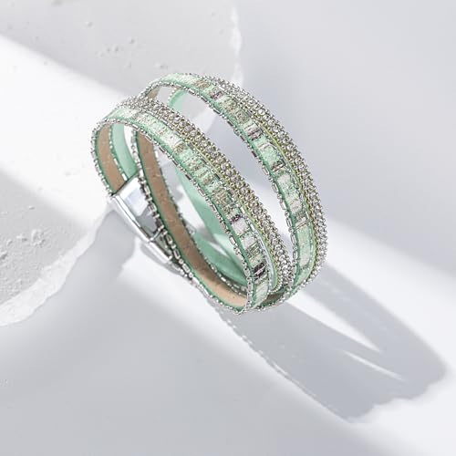 Boho Double Wrap Leather Bracelets Stackable Layered Western Hippie Jewelry | Colorful Stacked Bohemian Statement Chunky Magnetic Clasp Cuff Bangles Cowgirl Country Summer Beach Outfits for Women Trendy - color: Green