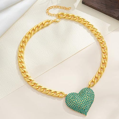 Gold Cuban Link Chain Necklace with Red Crystal Heart Pendant, Statement Chunky Curb Link Chain，Fashion Jewelry for Women - color: Green