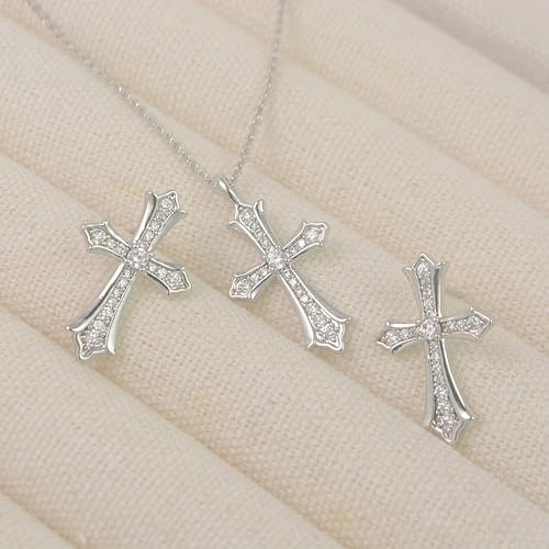 Gold Plated Imitation Diamond Cross Necklace and Earrings Set for Women Cubic Zirconia Trendy Stud Earrings and Cross Pendant Necklaces Jewelry Set Dainty Cross Cute Faith Jewelry Gifts Set - color: Silver