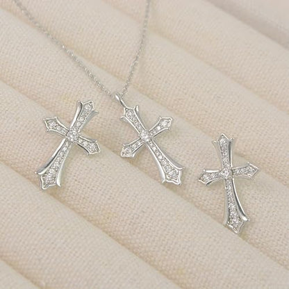 Gold Plated Imitation Diamond Cross Necklace and Earrings Set for Women Cubic Zirconia Trendy Stud Earrings and Cross Pendant Necklaces Jewelry Set Dainty Cross Cute Faith Jewelry Gifts Set - color: Silver