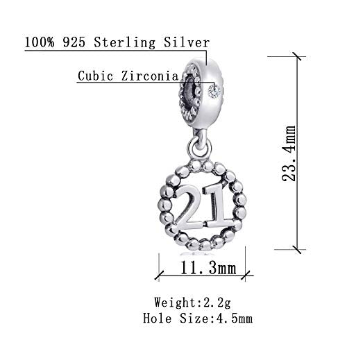 5,10,15,16,17,18,20,21,25,30,35,40,42,49,50,55,60,65,70 Number Charms for European Bracelet, 925 Sterling Silver Birthday Pendant Beads with CZ, Gifts for Mothers Day/Anniversary - color: Number 21 Charm