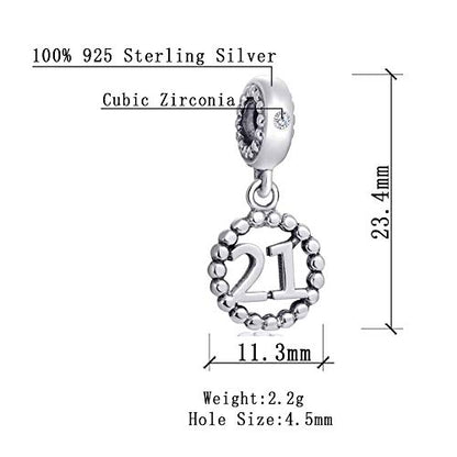 5,10,15,16,17,18,20,21,25,30,35,40,42,49,50,55,60,65,70 Number Charms for European Bracelet, 925 Sterling Silver Birthday Pendant Beads with CZ, Gifts for Mothers Day/Anniversary - color: Number 21 Charm