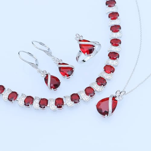 GZWHD Jewelry Set for Women CZ Earrings Necklace Ring Bracelet Set Prom Party Wedding Jewelry Gift for Mother Friend Wife - color: A-Ruby