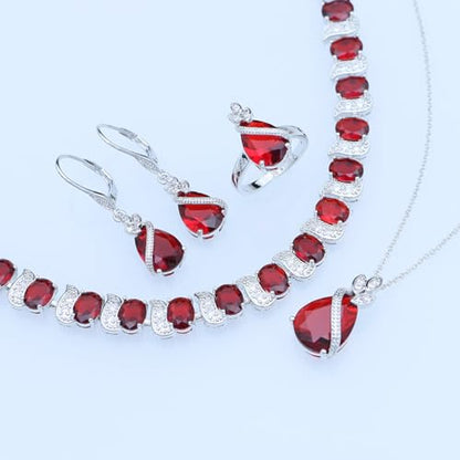 GZWHD Jewelry Set for Women CZ Earrings Necklace Ring Bracelet Set Prom Party Wedding Jewelry Gift for Mother Friend Wife - color: A-Ruby