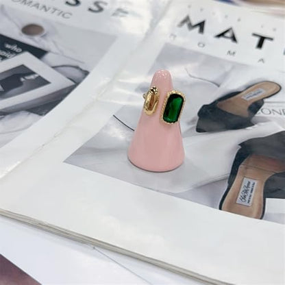 Elegant Gemstone Geometric Statement Rings for Women Gold-Tone Plated Stainless Steel Open Band Dainty Wedding Open Adjustable Middle Thumb Ring Cocktail Prom Party Trendy Jewelry for Girlfriend - color: Green
