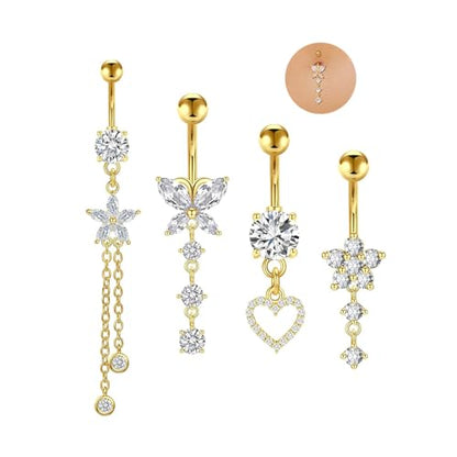 5PCS Crystal Belly Button Ring for Women Dangle Navel Belly Piercing Jewelry Cute Bow Butterfly Heart Angel wings Navel Belly Rings 14G Silver Surgical Steel Belly Button Stud - color: Gold-4pcs
