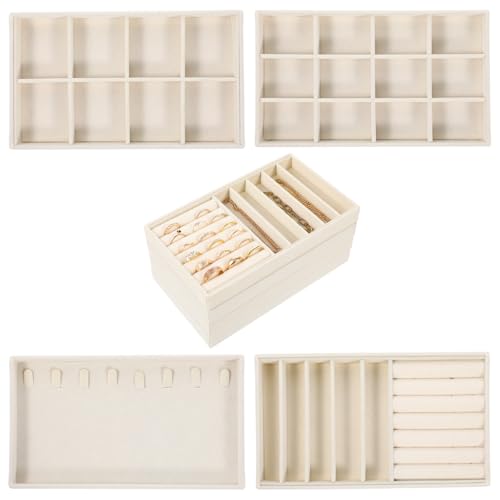 4Pcs Jewelry Organizer Trays, Stackable Velvet Jewelry Trays, Drawer Insert Divider Jewel Display Storage with Removable Dividers, Divided Storage for Earring Necklace Rings Bracelet