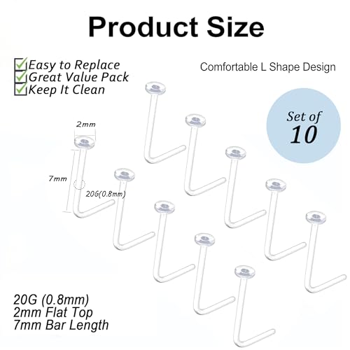 davka 20G L Shape Nose Studs 6PCS, 7mm Bar 3mm CZ Stainless Steel Nose Rings for Nostril Piercing, Small Snug Fit Nose Stud Jewelry for Daily Wear Work Sleep Women Men - color: 10PCS/L-shape/20G/2.0mm Clear Nose Stud