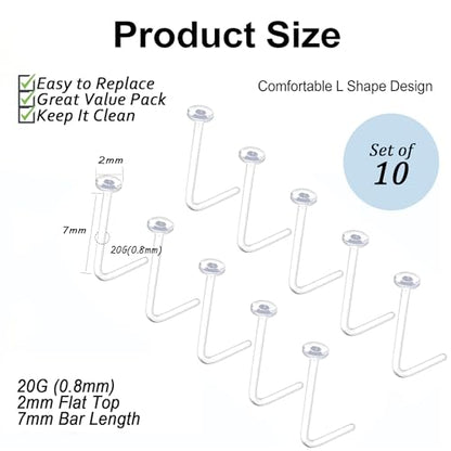 davka 20G L Shape Nose Studs 6PCS, 7mm Bar 3mm CZ Stainless Steel Nose Rings for Nostril Piercing, Small Snug Fit Nose Stud Jewelry for Daily Wear Work Sleep Women Men - color: 10PCS/L-shape/20G/2.0mm Clear Nose Stud
