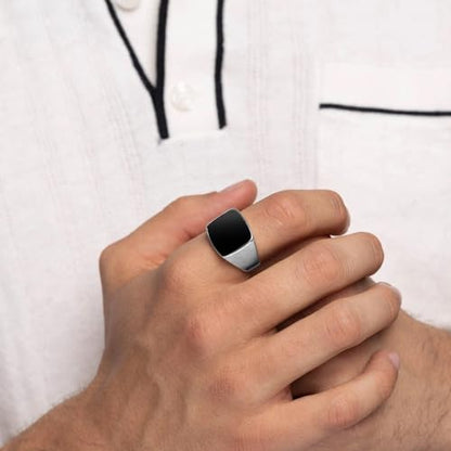 Square Cut Tiger Eye/Black Onyx/Turquoise/Lapis/Moss Agate Rings for Men 925 Sterling Silver 10K 14K 18K Gold Signet Rings for Men - style: Black Onyx