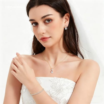 3-Piece Cubic Zirconia Wedding Jewelry Set for Women Bride Bridesmaid Gift | Hypoallergenic, Earrings Necklace Adjustable Bracelet for Prom Formal Parties - color: 14K Gold