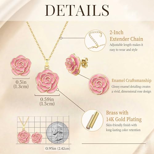 Enamel Rose Necklace and Earrings Jewelry Set for Women | 14K Gold Plated,Rose Represent: Love Gratitude Prid,Adjustable Chain Fit,Elegant Sets for Daily and Party Wear,Gift Box - color: Pink